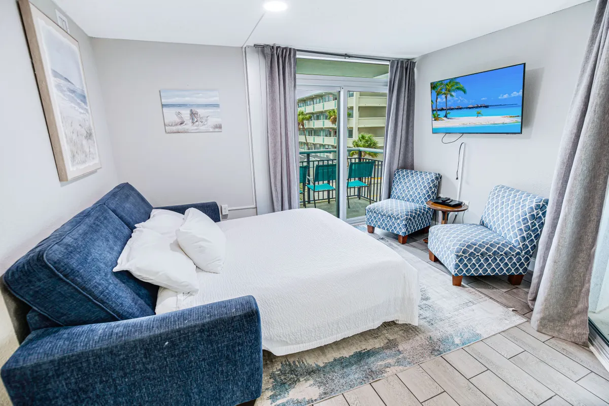 A stylish living area with a queen sleeper sofa, TV, window view, and accent chairs. The sofa bed is neatly made up, and the space feels bright and inviting, ideal for relaxing, socializing, or accommodating extra guests.